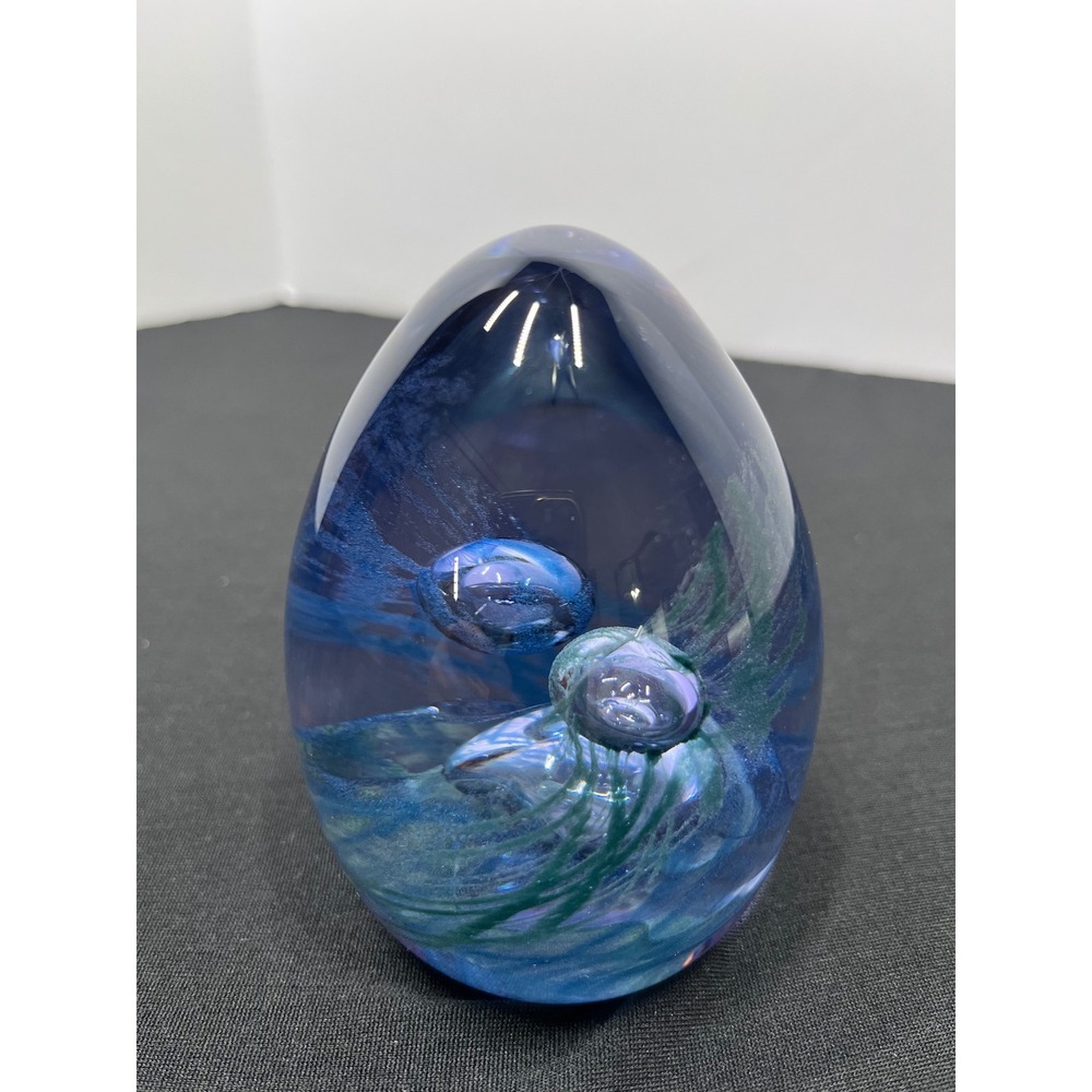 Caithness Scotland Tartan Weave Blue Green Art Glass Egg Paperweight L10460